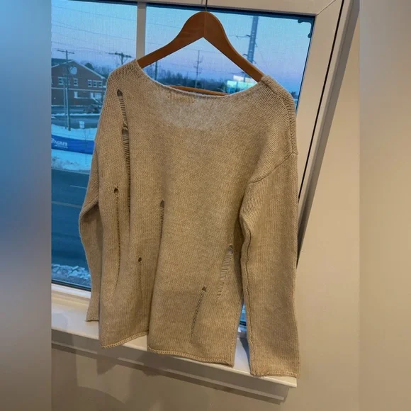 78$ NWT OAK+FORT Lace-Up Distressed Sweater | Relaxed Fit | NWT | Size S-M - Picture 12 of 15